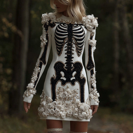 Classy Skull And Roses Art Cozy Knit Sweater Dress artswardrobe