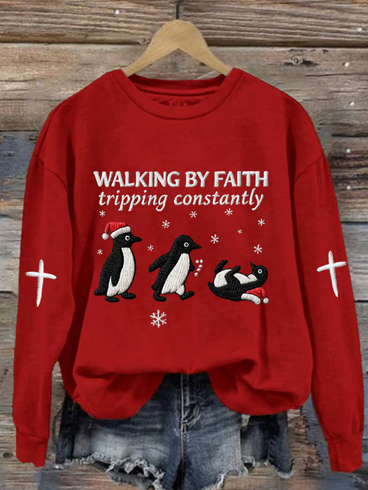 Comstylish Retro Funny Christmas Goose Walking By Faith Tripping Constantly Print Sweatshirt
