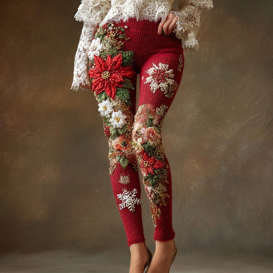 Christmas Poinsettia Embroidered Cozy Knit Leggings artswardrobe