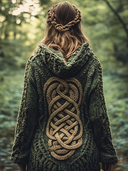 Women's Celtic Knot Contrast Color Chunky Knit Hooded Cardigan artswardrobe
