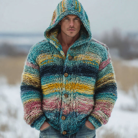 Men's Colorful Striped Contrast Warm Knitted Button Hooded Sweater artswardrobe
