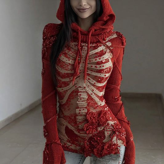 Women's Halloween Rose Skull Sequined Knitted Hooded Sweater artswardrobe