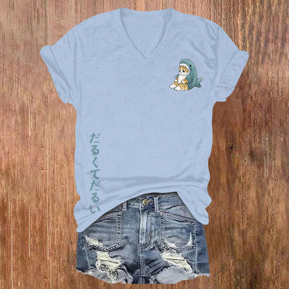 Japanese Cute Cat Print V-Neck Short Sleeves T-Shirt elevenforest