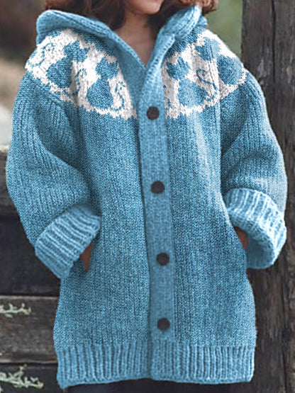 Comstylish Cute Cats Pattern Cozy Knit Hooded Cardigan