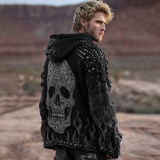 Men's Dark Style Skull And Flame Inspired Knitted Cozy Zipper Up Hooded Cardigan artswardrobe