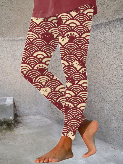 Japanese Art Wave and Cat Print Casual Stretch Leggings elevenforest