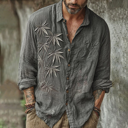 Men's Vintage Japanese Bamboo Embroidery Art Long Sleeve Linen Blend Shirt artswardrobe