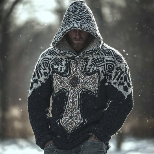 Men's Viking Style Celtic Cross Black And White Warm Sweater artswardrobe