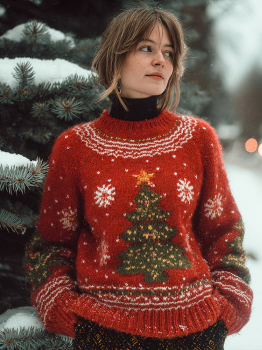 Christmas Tree Embroidered Round Neck Sweater artswardrobe