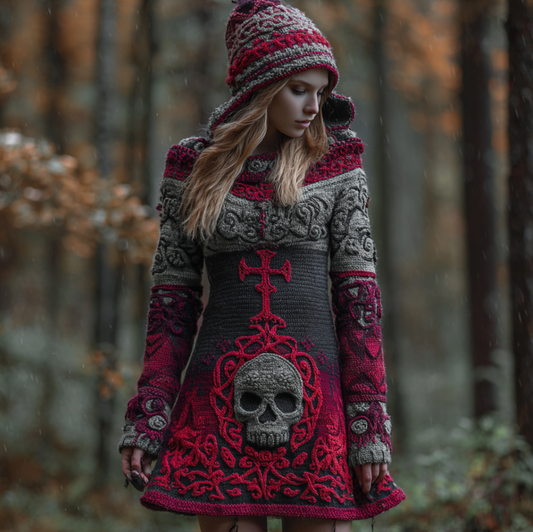Halloween Viking Style Lady Hooded Knit Sweater Dress artswardrobe