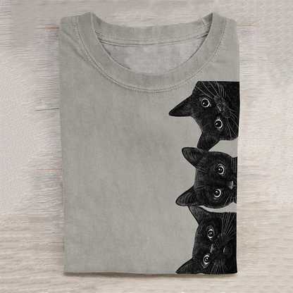 Unisex Black Cat Art Print Casual Tee elevenforest