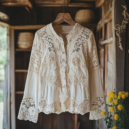 Comstylish Women's Retro Floral Lace Embroidery Art V-neck Shirt