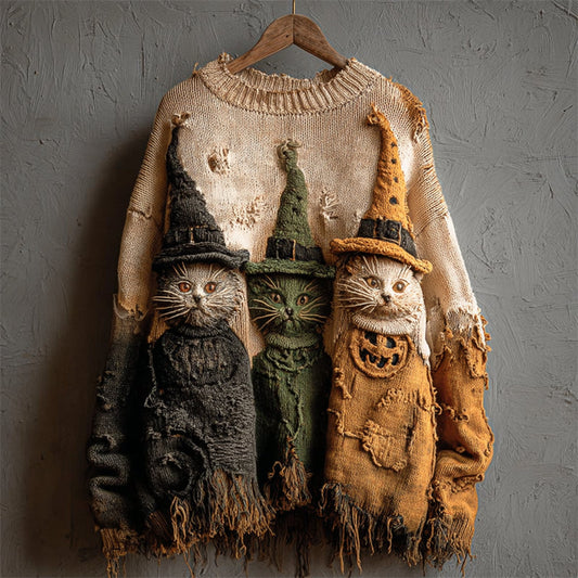 Halloween Witch Cats Crochet Distressed Knit Sweater artswardrobe