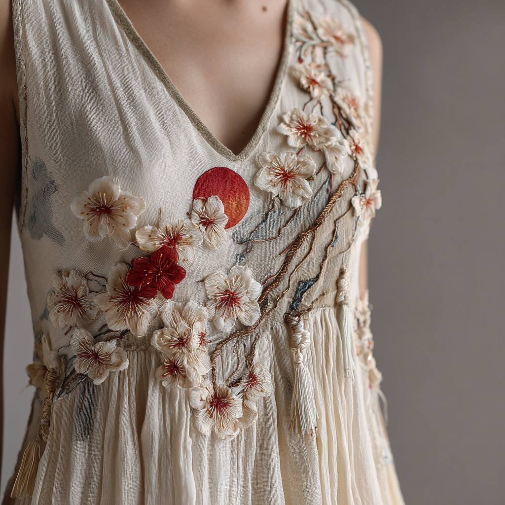 Comstylish Women's Japanese Sakura And Moon Embroidered Sleeveless Tank Top