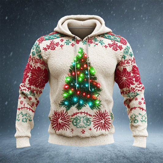 Comstylish Christmas Lights Tree Pattern Men's Flannel Hooded Sweatshirt