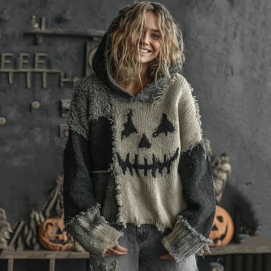 Halloween Spooky Face Contrast Stitched Hooded Cozy Knit Sweater artswardrobe