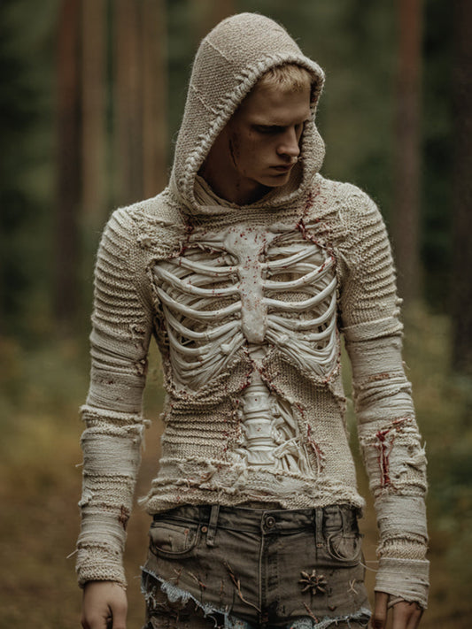 Men Halloween Bone Blood Stain Bandage Hooded Sweater artswardrobe