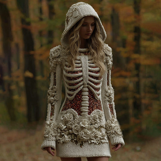 Women's Vintage Halloween Skull Floral Knit Hooded Sweater Mini Dress artswardrobe