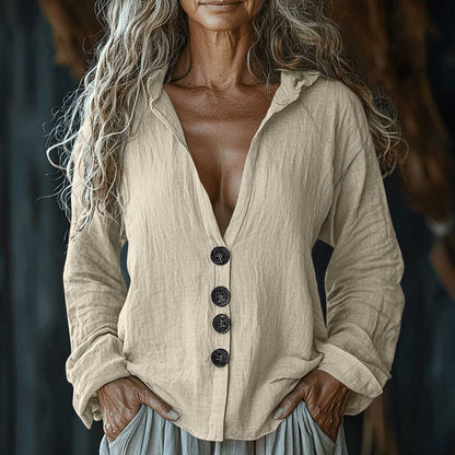 Women's Vintage Solid Color V-neck Linen Shirt artswardrobe