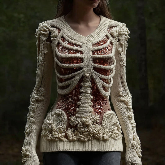 Women's Halloween Skull Sequin Art Knitted Warm V-neck Sweater artswardrobe