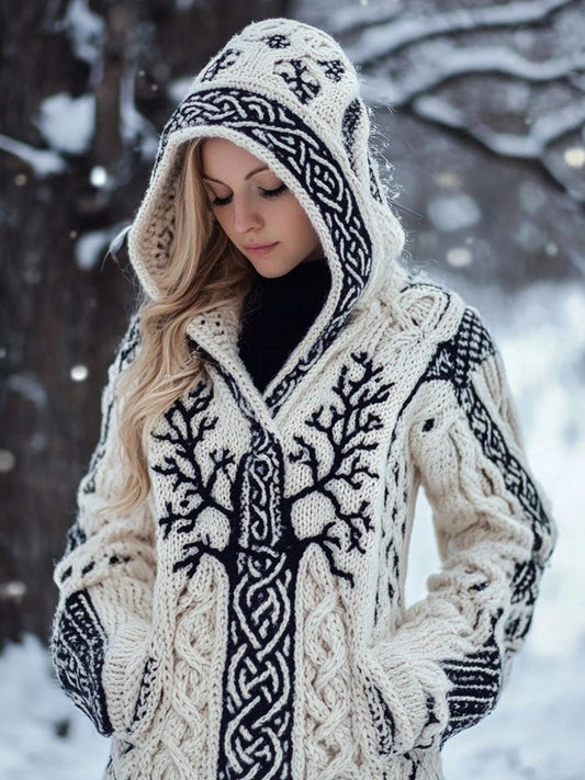 Women's Viking Inspired Celtic Knot Jacquard Knit Hooded Cardigan artswardrobe