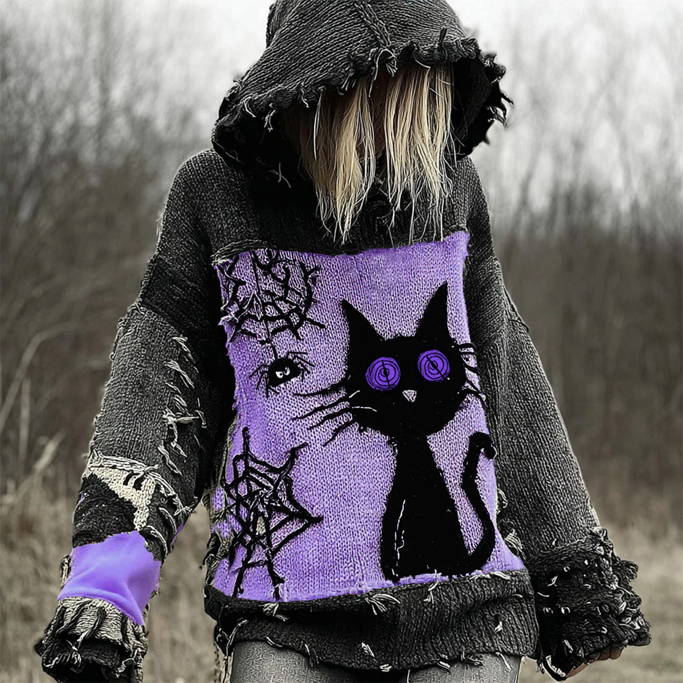 Halloween Scared Black Cat Patchwork Stitched Cozy Knit Hooded artswardrobe