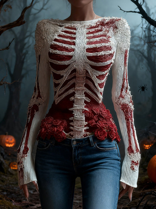 Women's Halloween Retro Skeleton Print Top artswardrobe