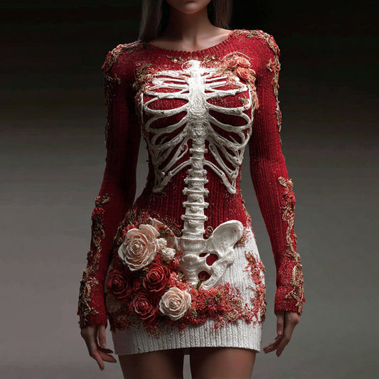 Vintage Skeleton Roses Art Crew Neck Sweater Dress artswardrobe
