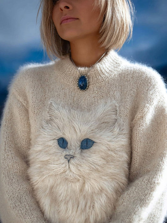 Cute Fuzzy Cat Embroidered Cozy Knit Sweater artswardrobe