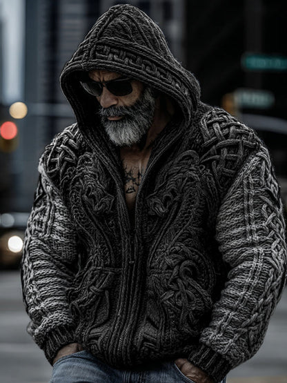 Men's Viking Dragon Totem Chunky Knit Hooded Cardigan artswardrobe