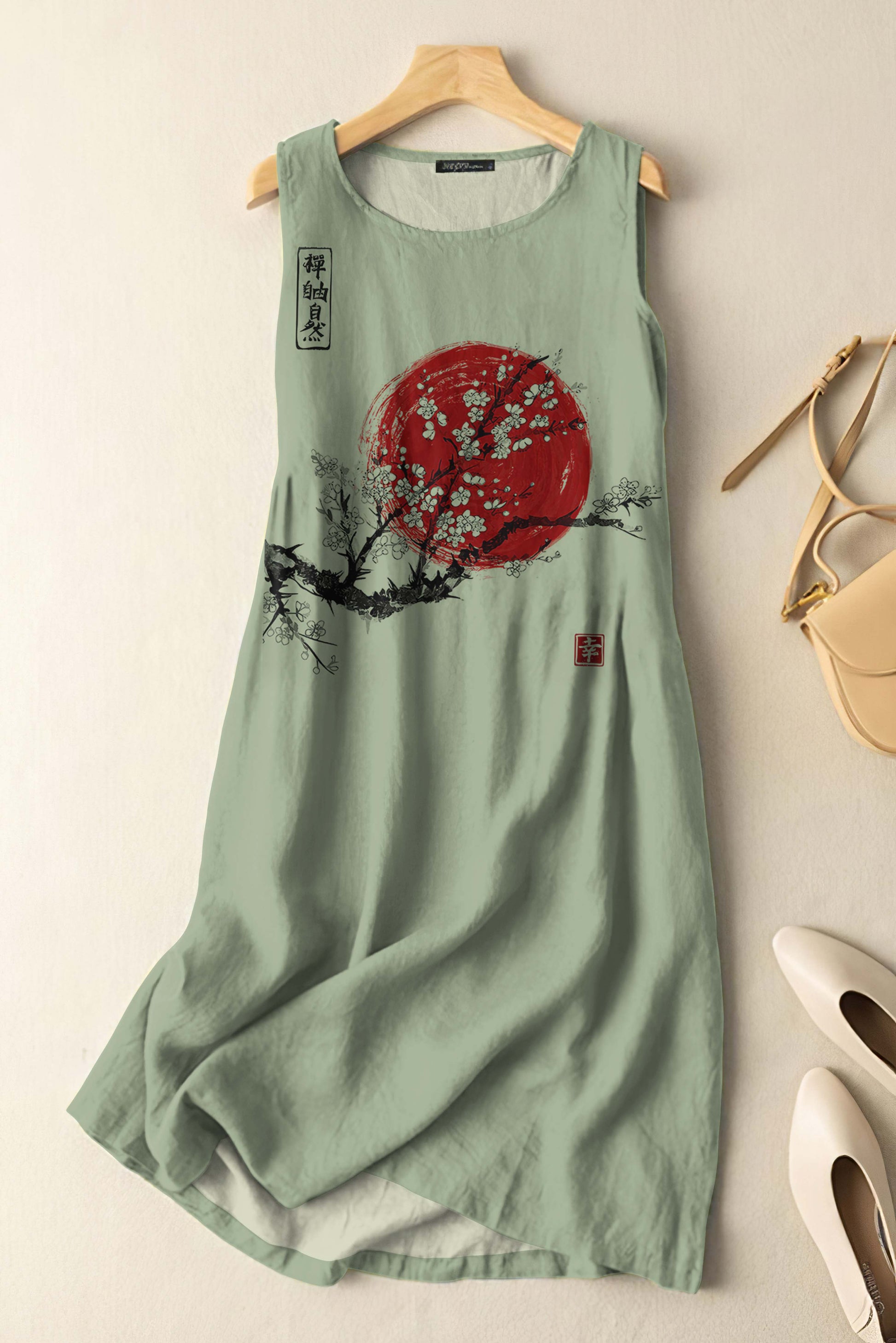 Comstylish Vintage Japanese Ink Flower Sunrise Art Print Sleeveless Cotton And Linen Midi Dress