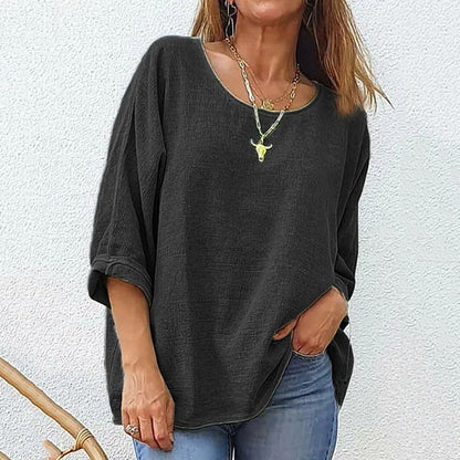 Women's Cotton And Linen Casual Loose Round Neck Long Sleeve T-shirt artswardrobe