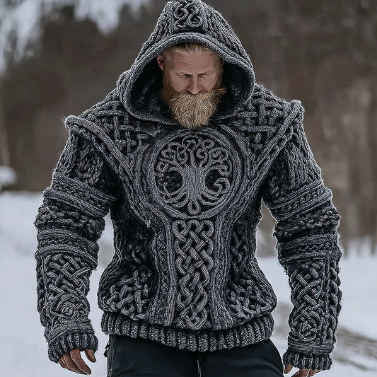 Men's Vintage Viking Tree Of Life Celtic Knot Knit Hooded Sweater artswardrobe