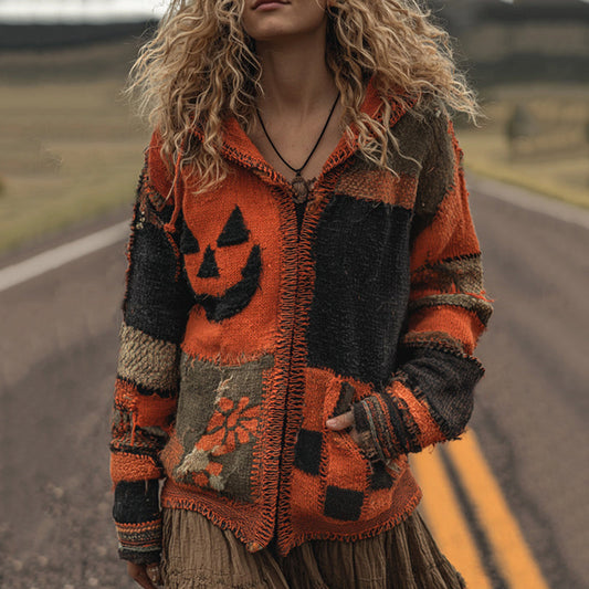 Patchwork Halloween Pumpkin Face Art  Cozy Knit Hooded Cardigan artswardrobe