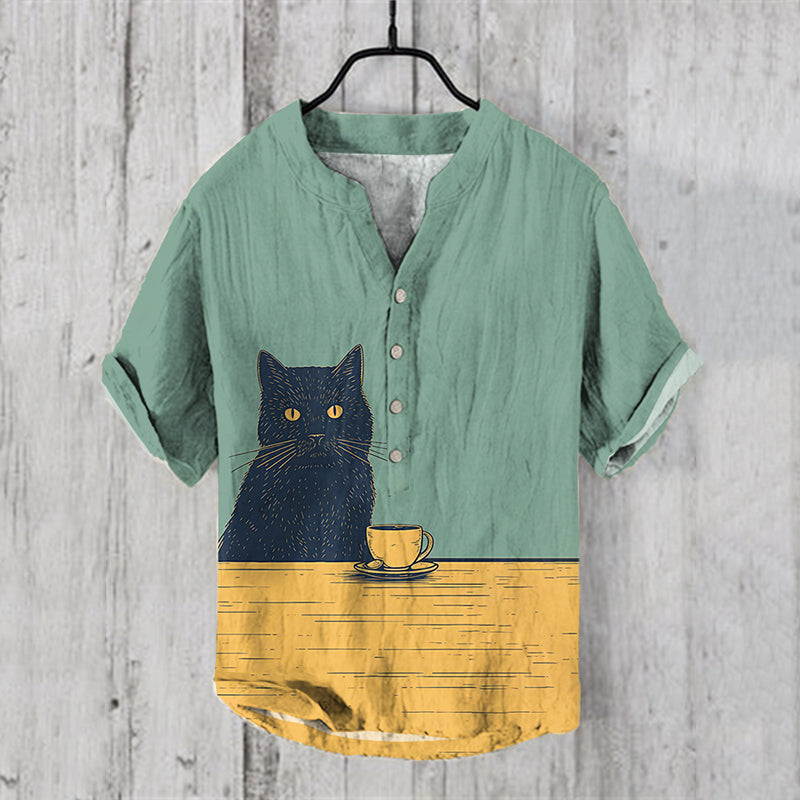Abstract Creative Japanese Cat Coffee Art Linen Blend Shirt elevenforest