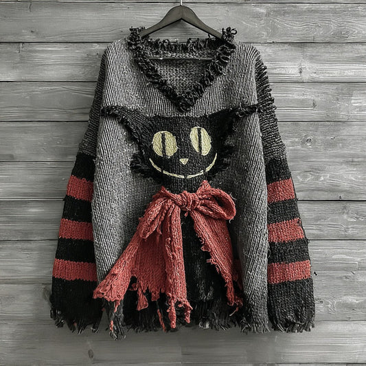 Halloween Caped Black Cat Striped Knitted Cozy V-neck Sweater artswardrobe
