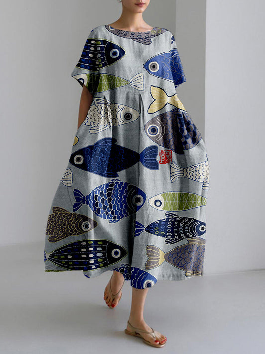 Vintage Fish Japanese Art Linen Blend Midi Dress