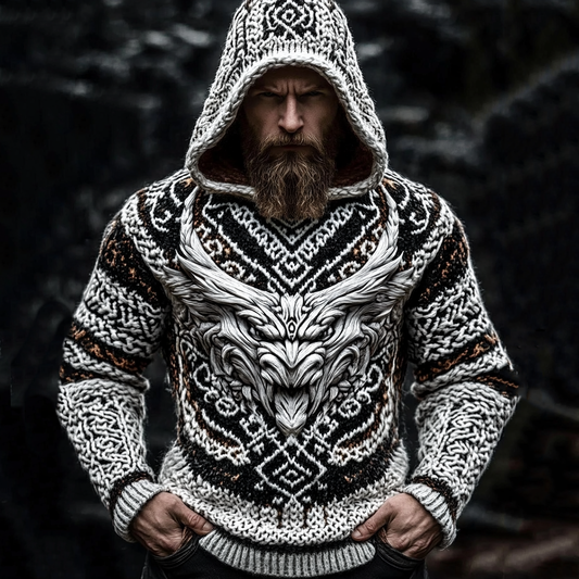 Men's Viking Tribal Dragon Jacquard Celtic Inspired Knit Hooded Sweater artswardrobe