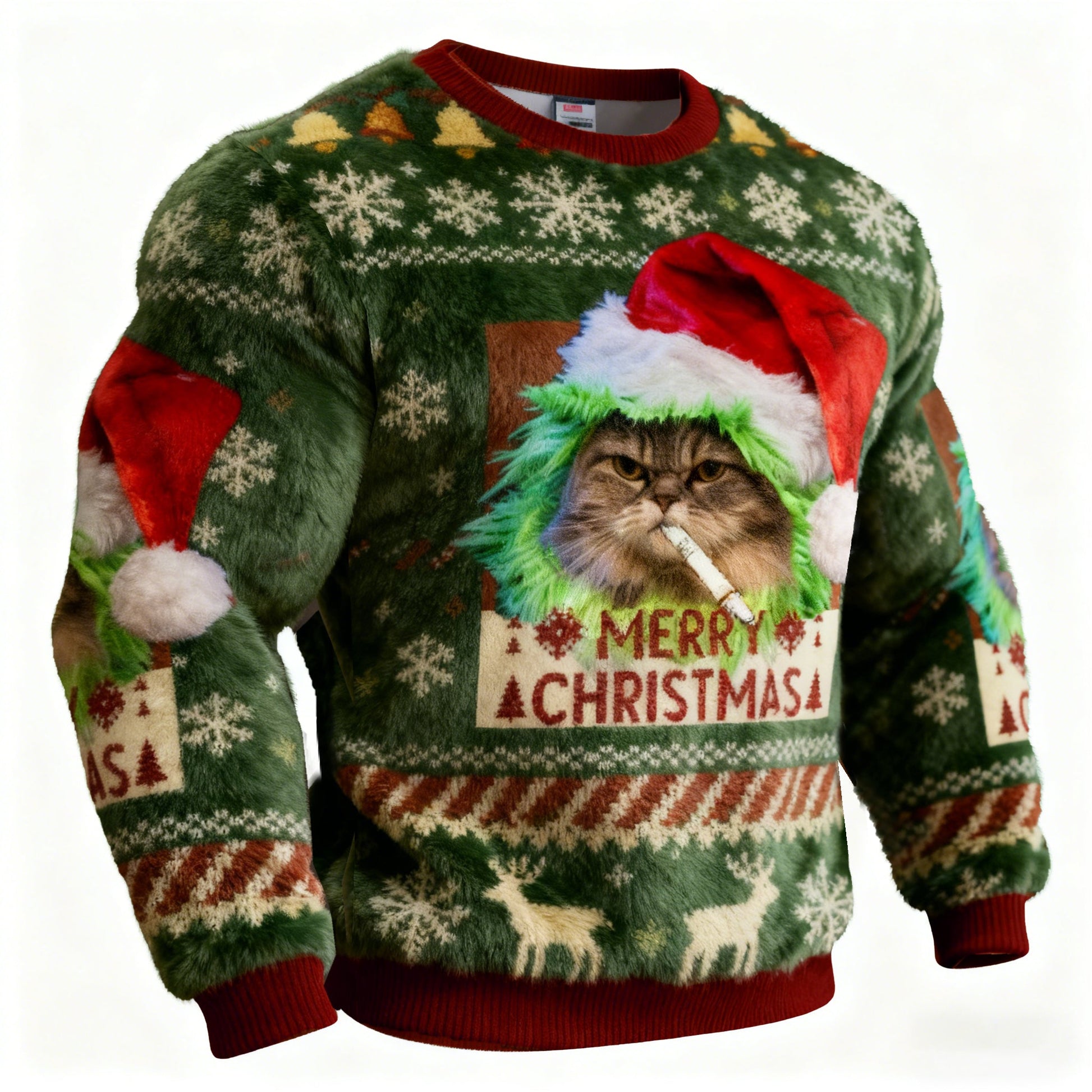 Men's Green Funny Smoking Cat Meme Christmas Ugly Plush Sweatshirt elevenforest