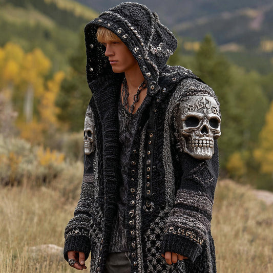 Men's Dark Style Skull Inspired Knitted Cozy Zipper Up Midi Hooded Cardigan artswardrobe