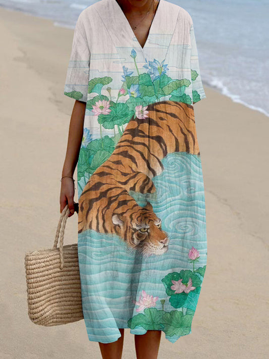 Aqua Tiger Water Lily Art Pattern Women'S Dress