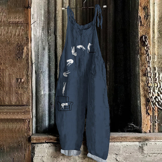 Art Cat Print Loose Casual Jumpsuit elevenforest