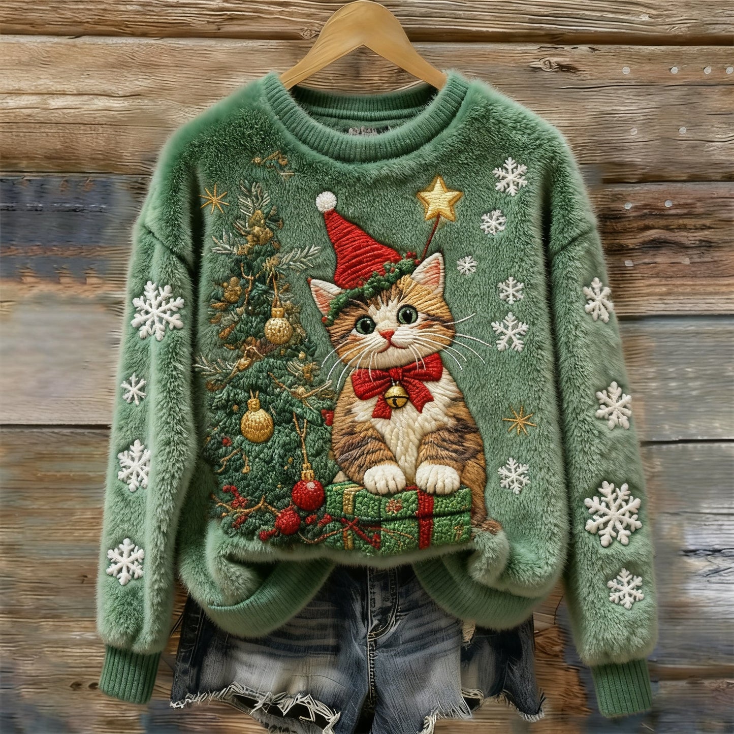 Comstylish Women's Vintage Christmas Cat Embroidery Art Comfort Plush Sweatshirt
