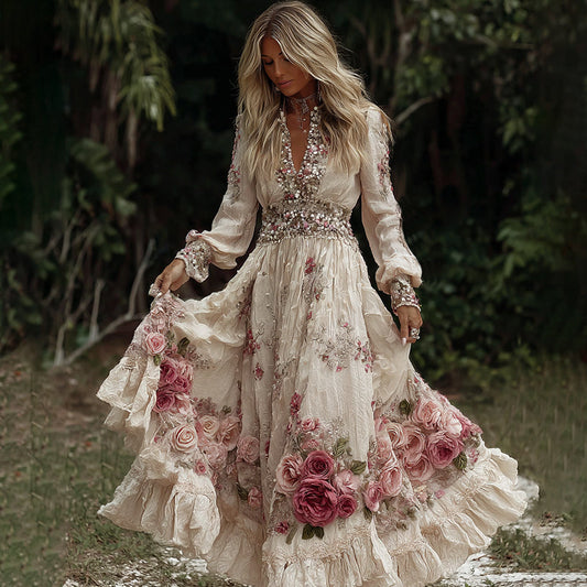 Women's Vintage Pink Roses Embroidery Art V-neck Long Sleeves Maxi Dress