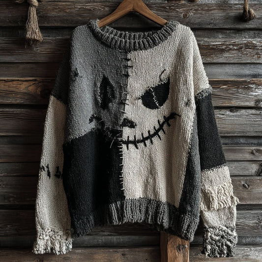 Halloween Spooky Face Contrast Stitched Cozy Knit Sweater artswardrobe
