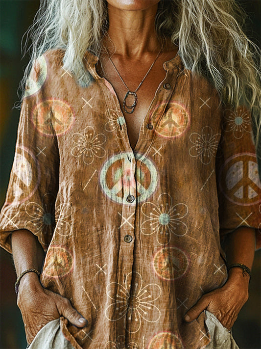 Women's Hippie Art Print Casual Cotton And Linen Shirt