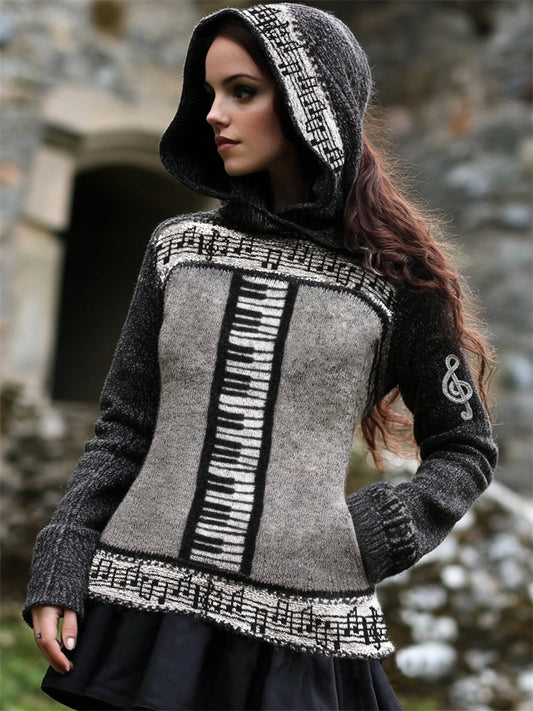 Music Notes & Piano Inspired Knit Contrast Color Hooded Sweater artswardrobe