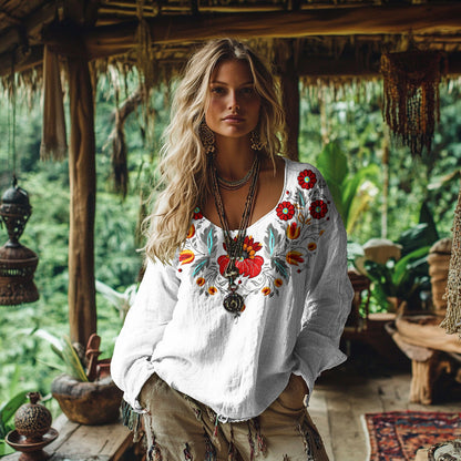 Comstylish Vintage Bohemian Floral Embroidered Linen Shirt