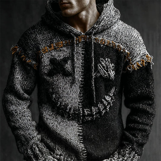 Men's Halloween Spooky Face Contrast Stitched Cozy Knit Hooded Sweater artswardrobe
