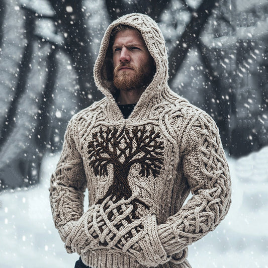 Tribal Viking Life Of Tree Chunky Knit Jacquard Hooded Sweater artswardrobe